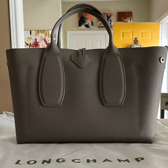 LONGCHAMP Medium Roseau Leather Top Handle Bag - Turtle Dove Grey - Authentic - Picture 5 of 17